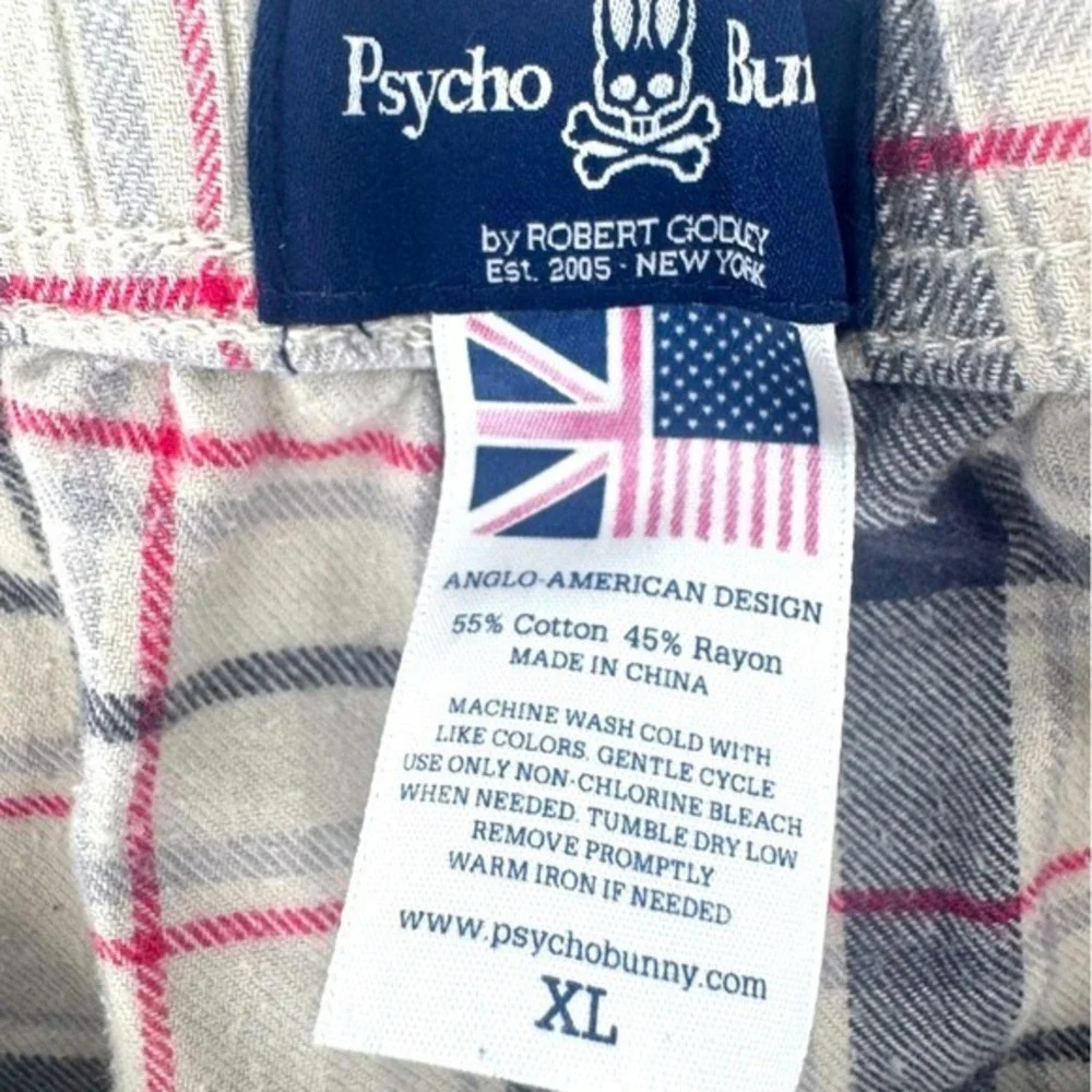 Psycho Bunny Mens Plaid Flannel Pajama Lounge Pants XL Cream‎ Navy Red Logo